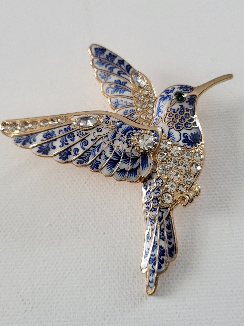 Elegant Blue & Gold Hummingbird Brooch - Ornate Crystal Accent
